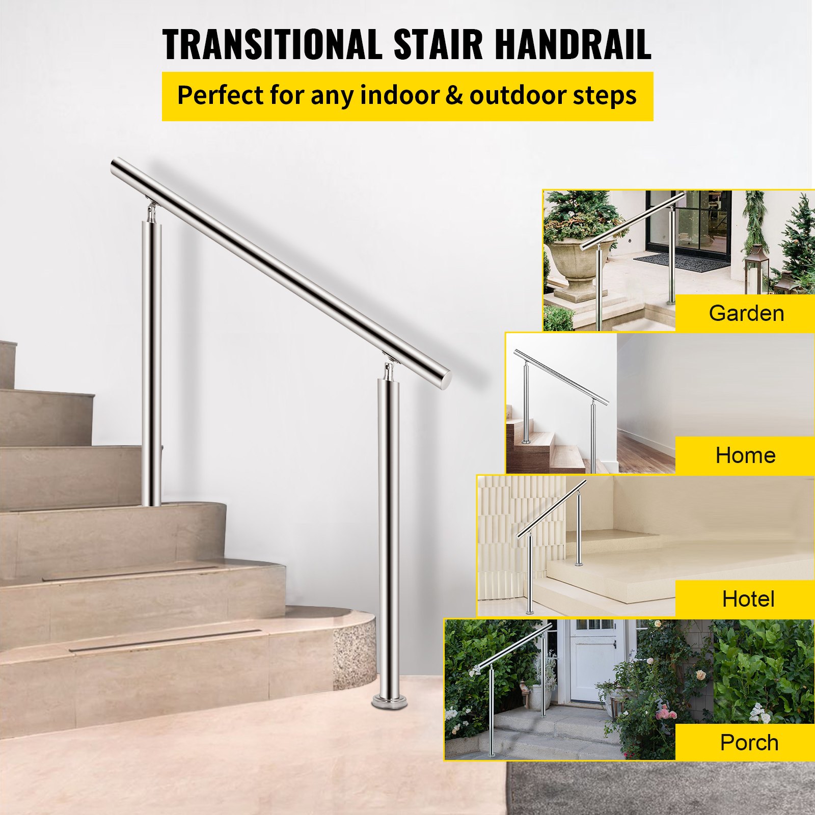 Pasamanos de acero inoxidable VEVOR para escalones de jardín, hogar, hotel y porche. Perfecto para escaleras.