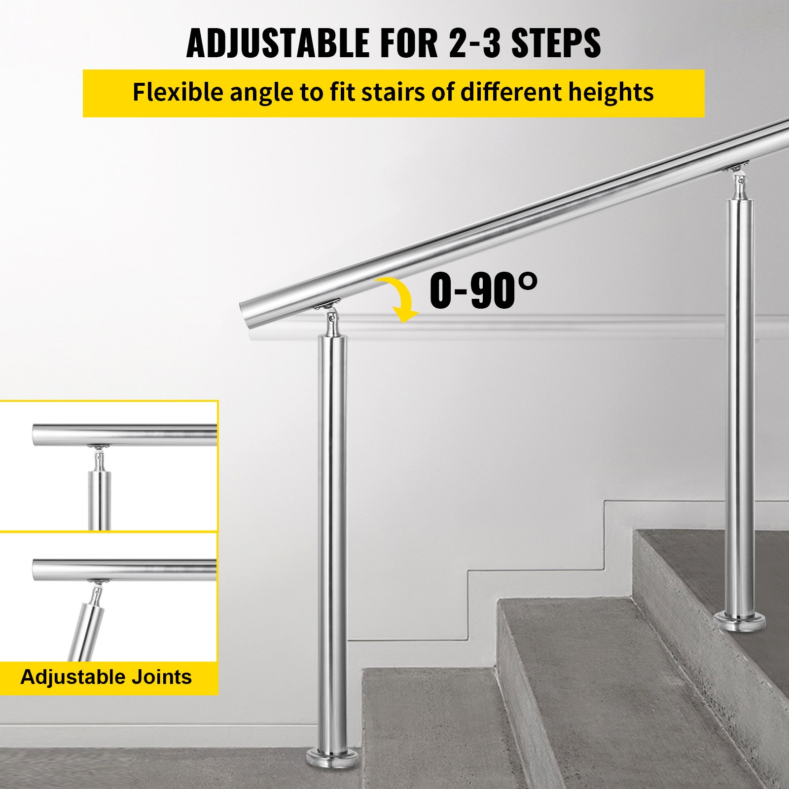 Pasamanos de acero inoxidable VEVOR ajustable para 2-3 escalones, con ángulo flexible 0-90°.