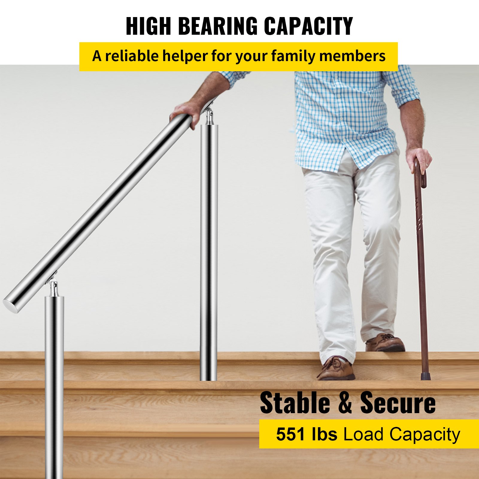 Hombre que utiliza pasamanos de acero inoxidable VEVOR en escaleras, destacando la alta capacidad de carga.