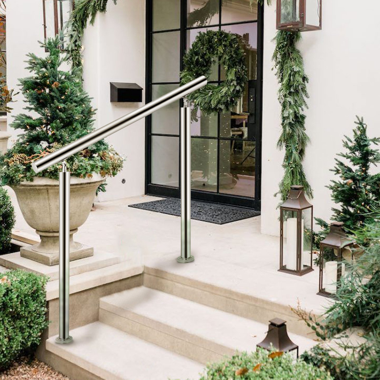 Pasamanos de acero inoxidable VEVOR en elegantes escalones exteriores con decoración festiva.