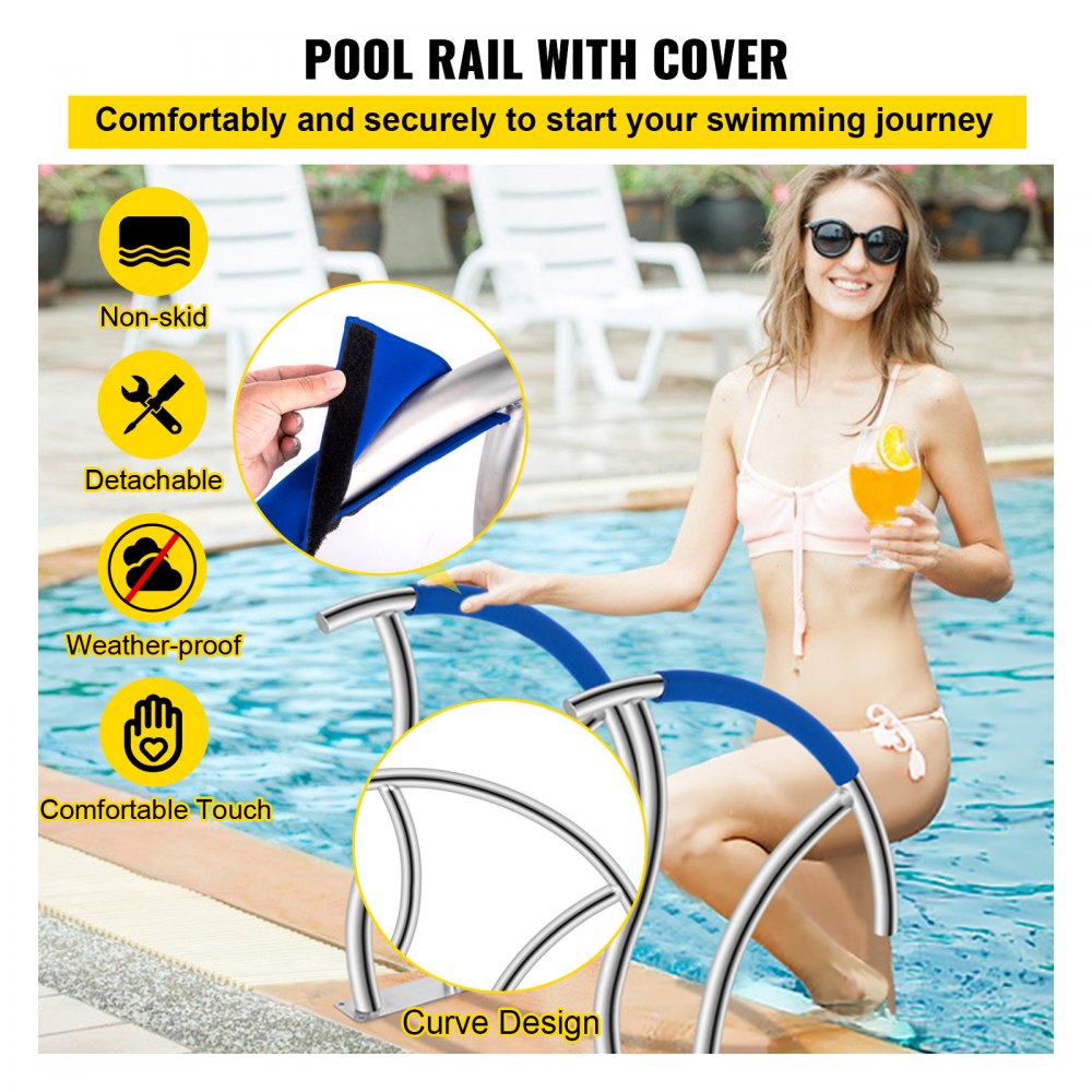 Pasamanos de piscina VEVOR, paquete de 2 rieles de escalera de piscina de 30 x 30 pulgadas, riel de mano de piscina de acero inoxidable 304 con capacidad de carga nominal de 375 libras, riel de piscina con placa base de montaje rápido y accesorio de montaje completo