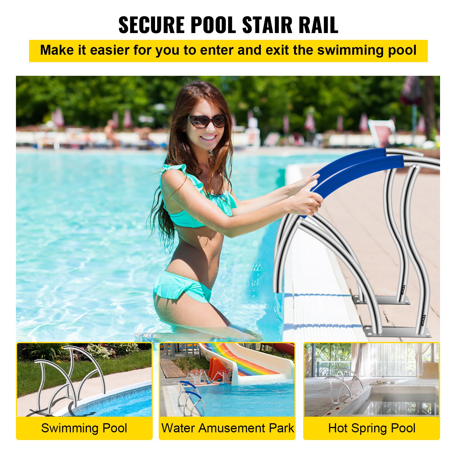 Pasamanos de piscina VEVOR, paquete de 2 rieles de escalera de piscina de 30 x 30 pulgadas, riel de mano de piscina de acero inoxidable 304 con capacidad de carga nominal de 375 libras, riel de piscina con placa base de montaje rápido y accesorio de montaje completo
