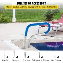 VEVOR Pool Rail 30x22 Pool Railing 304 Acero inoxidable 250LBS Capacidad de carga Pasamanos de piscina plateado a prueba de herrumbre Pasamanos de piscina humanizado con cubierta de agarre azul y broca M8 y tornillos autorroscantes