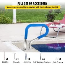 VEVOR Pool Rail 32x23 Barandilla de piscina 304 Acero inoxidable 250LBS Capacidad de carga Pasamanos de piscina plateado a prueba de herrumbre Pasamanos de piscina humanizado con cubierta de agarre azul y broca M8 y tornillos autorroscantes