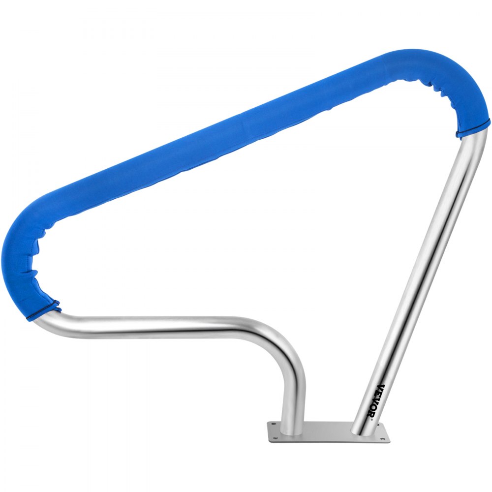 Barandilla de piscina VEVOR de 39 x 32 pulgadas, acero inoxidable 304, capacidad de carga de 250 lb, color plateado, resistente a la corrosión, con cubierta de agarre azul, broca M8 y tornillos autorroscantes.