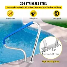 VEVOR Pool Rail 48x36 Pool Railing 304 Acero inoxidable 250LBS Capacidad de carga Pasamanos de piscina plateado a prueba de herrumbre Pasamanos de piscina humanizado con cubierta de agarre azul y broca M8 y tornillos autorroscantes