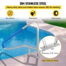 VEVOR Pool Rail 55x32 Pool Railing 304 Acero inoxidable 250LBS Capacidad de carga Pasamanos de piscina plateado a prueba de herrumbre Pasamanos de piscina humanizado con cubierta de agarre azul y broca M8 y tornillos autorroscantes