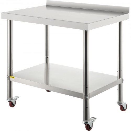 Mesa de preparación de acero inoxidable VEVOR, 76 x 61 x 89 cm, capacidad de carga de 200 kg, mesa de trabajo de metal resistente con protector contra salpicaduras, estante inferior ajustable y 4 ruedas, estación de trabajo comercial para cocina y restaurante.