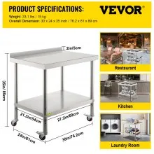 VEVOR Mesa de preparación de acero inoxidable 30 x 24 x 35 Mesa De Trabajo Mesas De Cocina Mesa Acero Inoxidable capacidad de carga de 440 libras