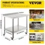 Mesa de preparación VEVOR de acero inoxidable, 89 x 61 x 90 cm, capacidad de carga de 200 kg, mesa de trabajo metálica resistente con protector contra salpicaduras, estante inferior ajustable y 4 ruedas, estación de trabajo comercial para cocina y restaurante.
