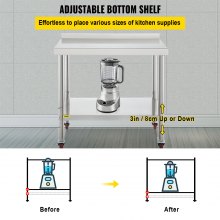 VEVOR Mesa de preparación de acero inoxidable, 36 x 24 x 35 pulgadas, capacidad de carga de 440 libras, mesa de trabajo de metal resistente con protector contra salpicaduras, estante inferior ajustable y 4 ruedas, estación de trabajo comercial para cocina restaurante