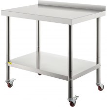 VEVOR Mesa de preparación de acero inoxidable, 36 x 24 x 35 pulgadas, capacidad de carga de 440 libras, mesa de trabajo de metal resistente con protector contra salpicaduras, estante inferior ajustable y 4 ruedas, estación de trabajo comercial para cocina restaurante