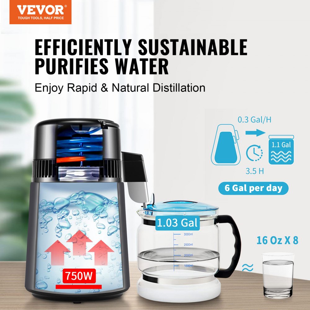 Destilador de agua VEVOR, filtro purificador de agua pura de 4 l y 1,05 galones para encimera, destilador de agua de 750 W, interior de acero inoxidable, gris