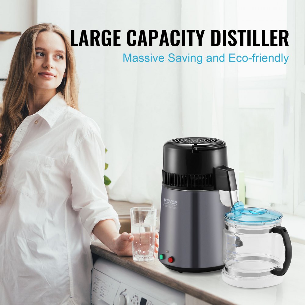 Destilador de agua VEVOR, filtro purificador de agua pura de 4 l y 1,05 galones para encimera, destilador de agua de 750 W, interior de acero inoxidable, gris
