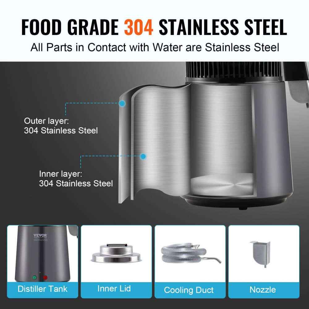 Destilador de agua VEVOR, filtro purificador de agua pura de 4 l y 1,05 galones para encimera, destilador de agua de 750 W, interior de acero inoxidable, gris