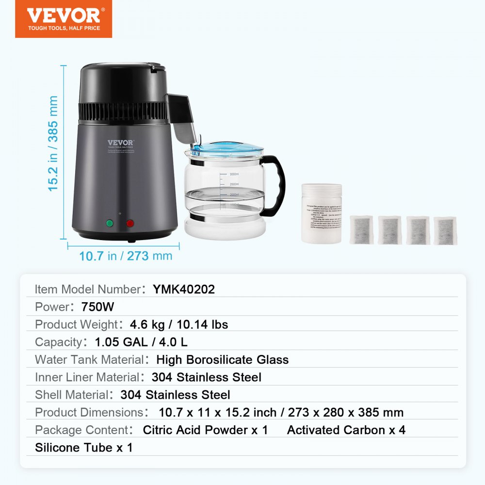 Destilador de agua VEVOR, filtro purificador de agua pura de 4 l y 1,05 galones para encimera, destilador de agua de 750 W, interior de acero inoxidable, gris