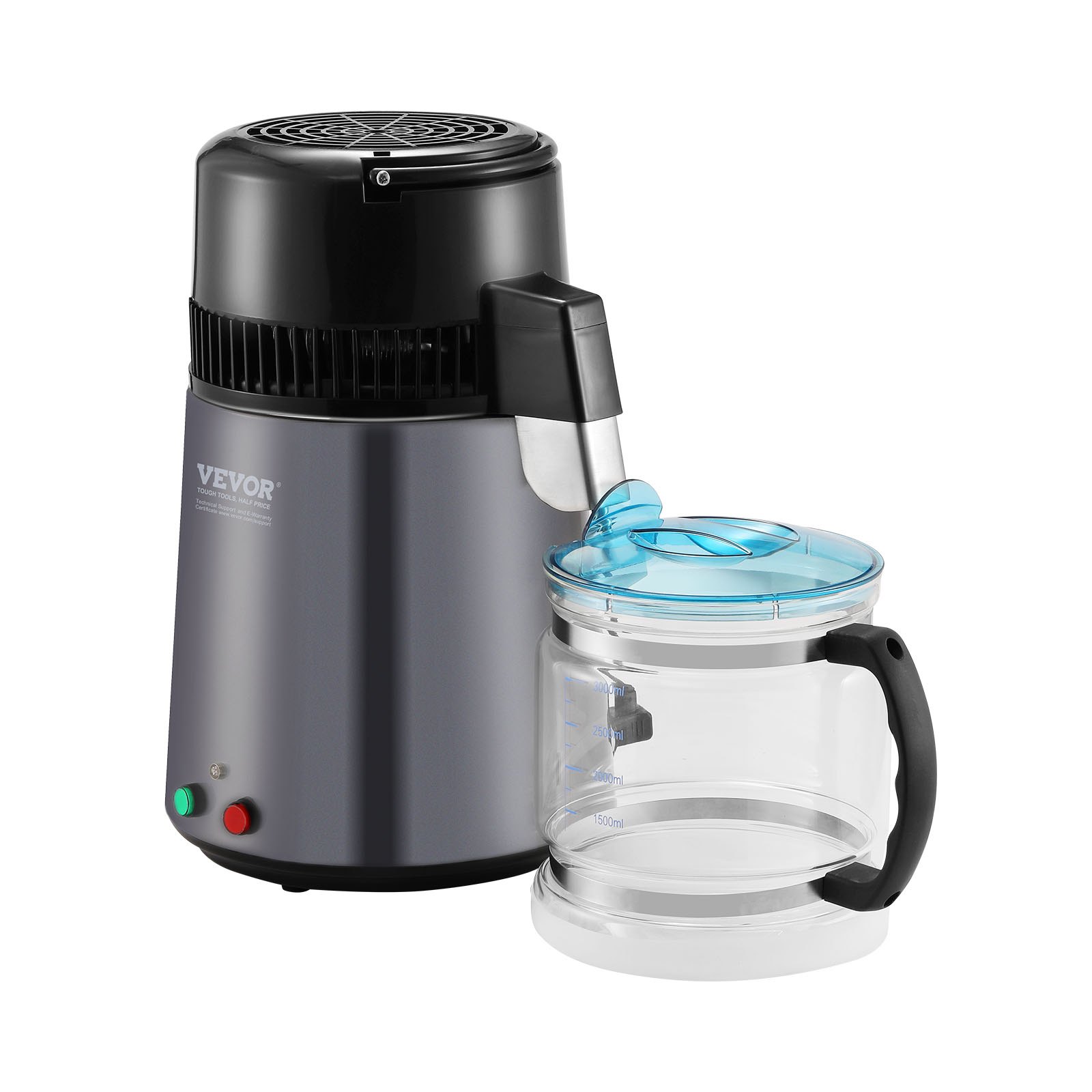 Destilador de agua VEVOR, filtro purificador de agua pura de 4 l y 1,05 galones para encimera, destilador de agua de 750 W, interior de acero inoxidable, gris