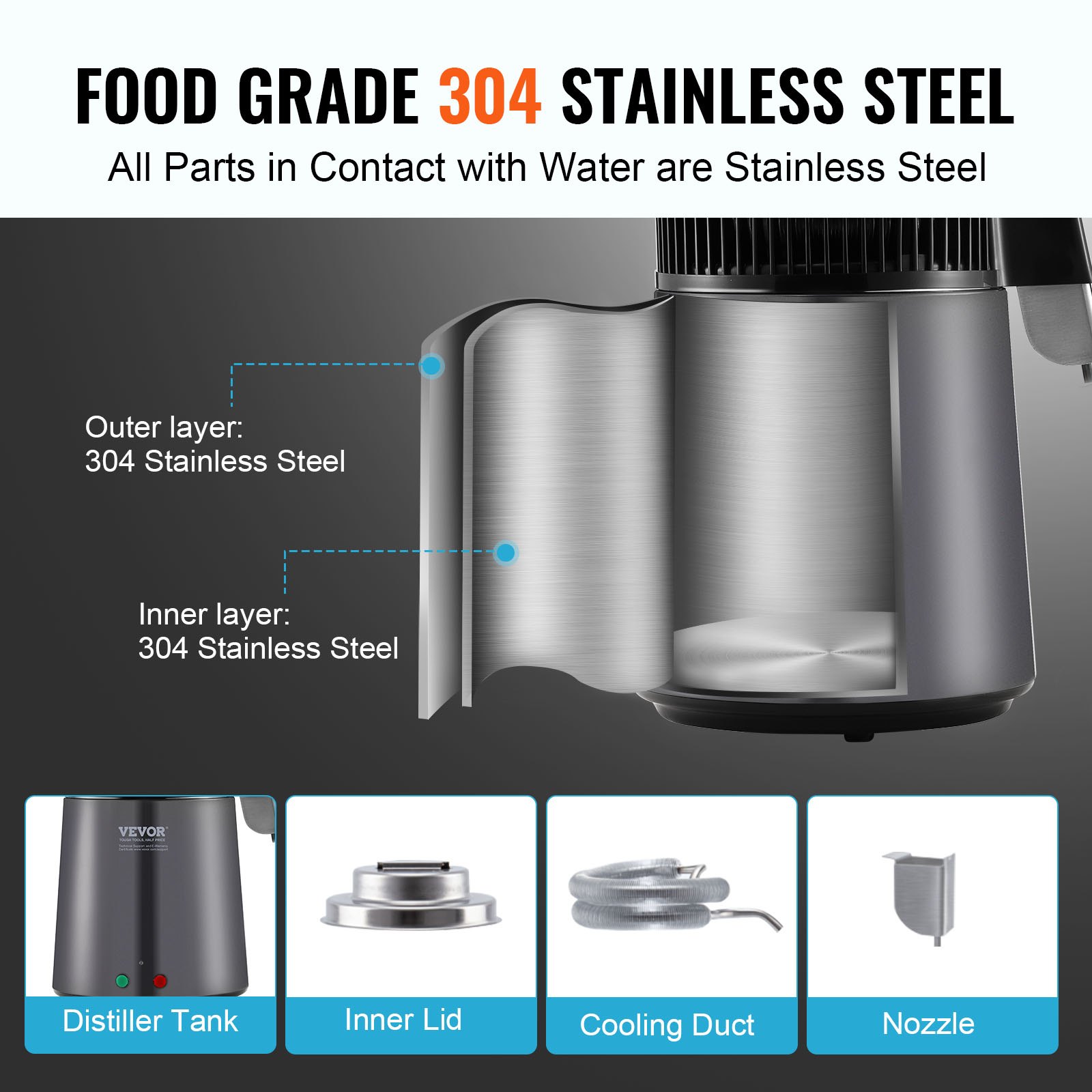 Destilador de agua VEVOR, filtro purificador de agua pura de 4 l y 1,05 galones para encimera, destilador de agua de 750 W, interior de acero inoxidable, gris