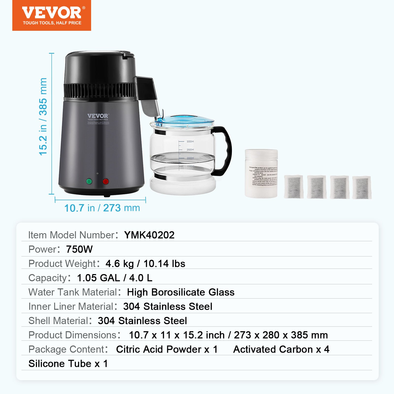 Destilador de agua VEVOR, filtro purificador de agua pura de 4 l y 1,05 galones para encimera, destilador de agua de 750 W, interior de acero inoxidable, gris