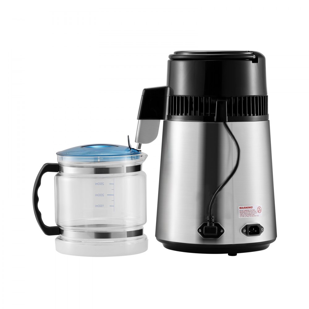 Destilador de agua VEVOR, filtro de agua de 4 L (1,05 galones) para encimera, 750 W, interior de acero inoxidable, color plateado.