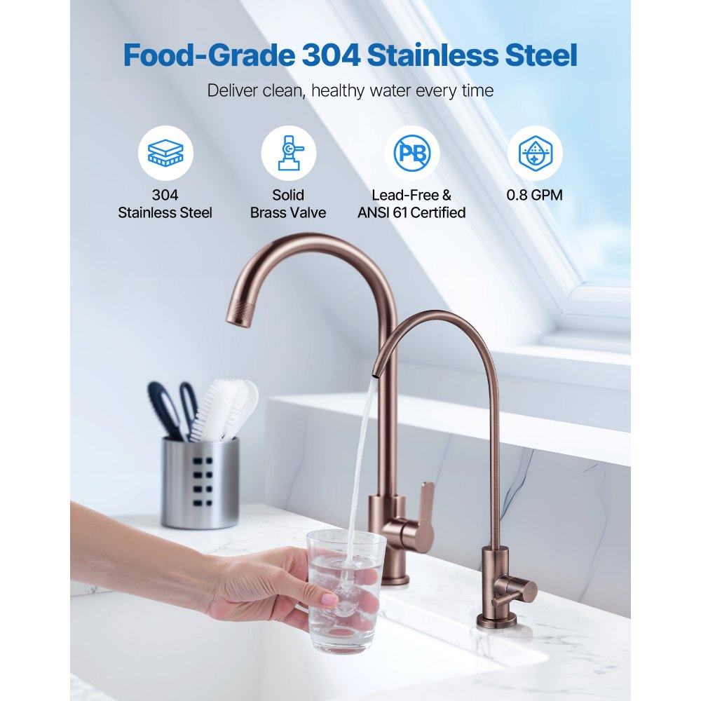 Grifo de agua VEVOR Ro, grifo de acero inoxidable sin plomo, grifos de agua potable con válvula de latón macizo, resistente a la corrosión y duradero para cocina, barra de bar, cafetería, bronce antiguo.