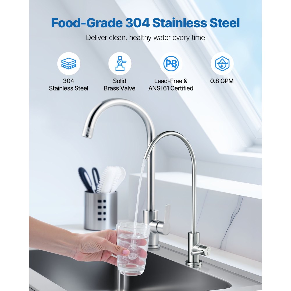 Grifo VEVOR de acero inoxidable, grifos de agua potable sin plomo, grifo de ósmosis inversa con válvula de latón macizo, grifos de agua filtrada de arco alto para fregadero de cocina, barra de bar, cafetería, níquel cepillado.