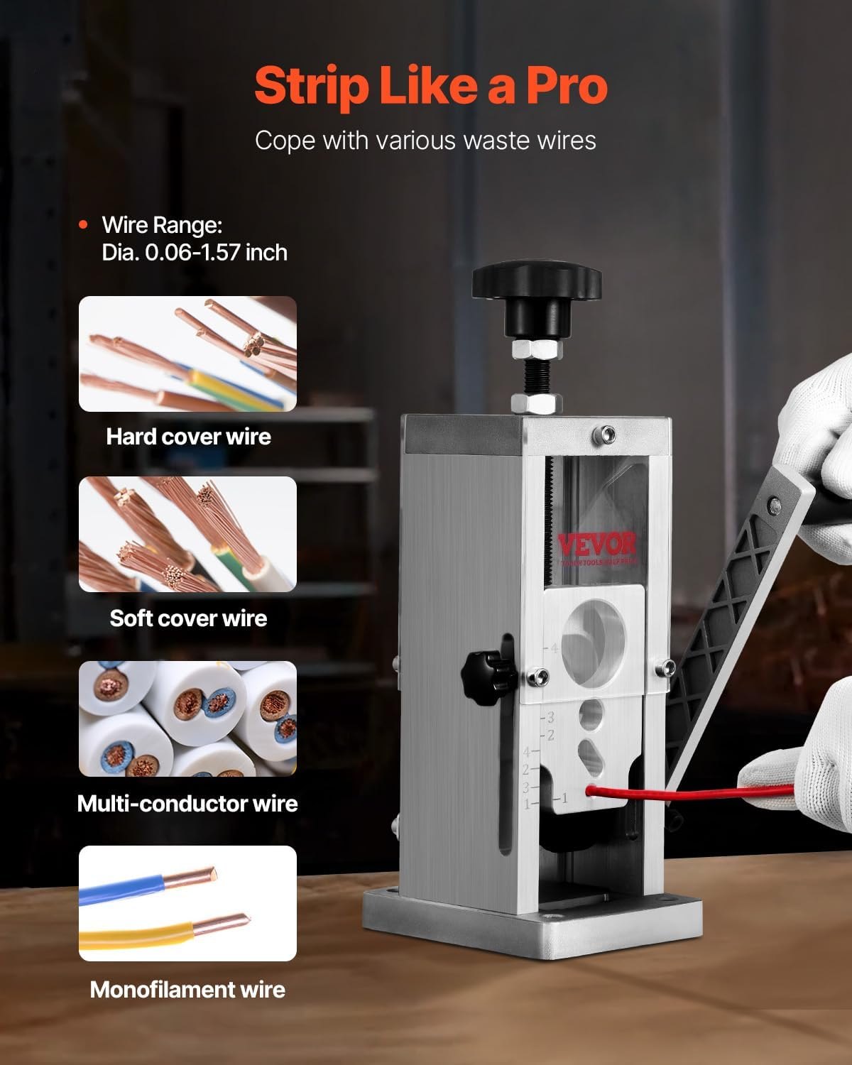 Pelacables manual VEVOR, herramienta para retirar cables de 0,06'' a 1,5'', opción de taladro, medidor de profundidad transparente, construcción ligera de aluminio para un procesamiento eficiente de chatarra de cobre.