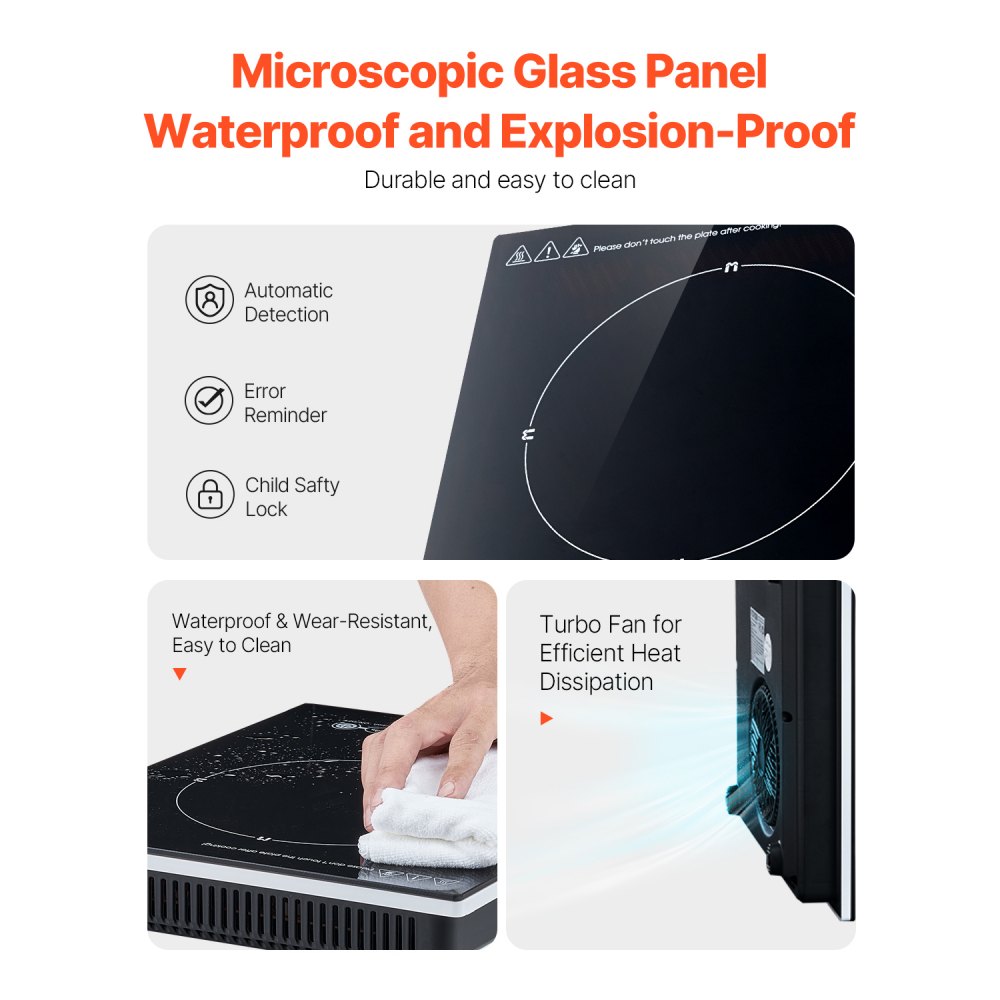 Placa de inducción portátil VEVOR, quemador eléctrico de 1800 W con 9 ajustes de temperatura, placa de inducción de encimera con temporizador de 3 h, bloqueo para niños, fácil de limpiar, para cocinar en casa.