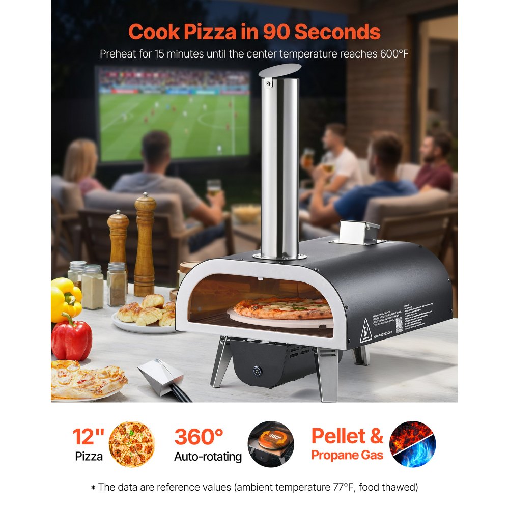 Horno de pizza de doble combustible VEVOR para exteriores, de 30 cm, de leña y gas propano, con termómetro y pulverizador de hierro, giratorio y eléctrico, ideal para acampar y patios.