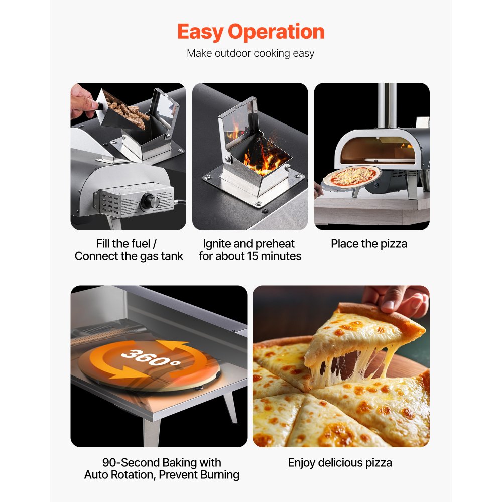 Horno de pizza de doble combustible VEVOR para exteriores, de 30 cm, de leña y gas propano, con termómetro y pulverizador de hierro, giratorio y eléctrico, ideal para acampar y patios.