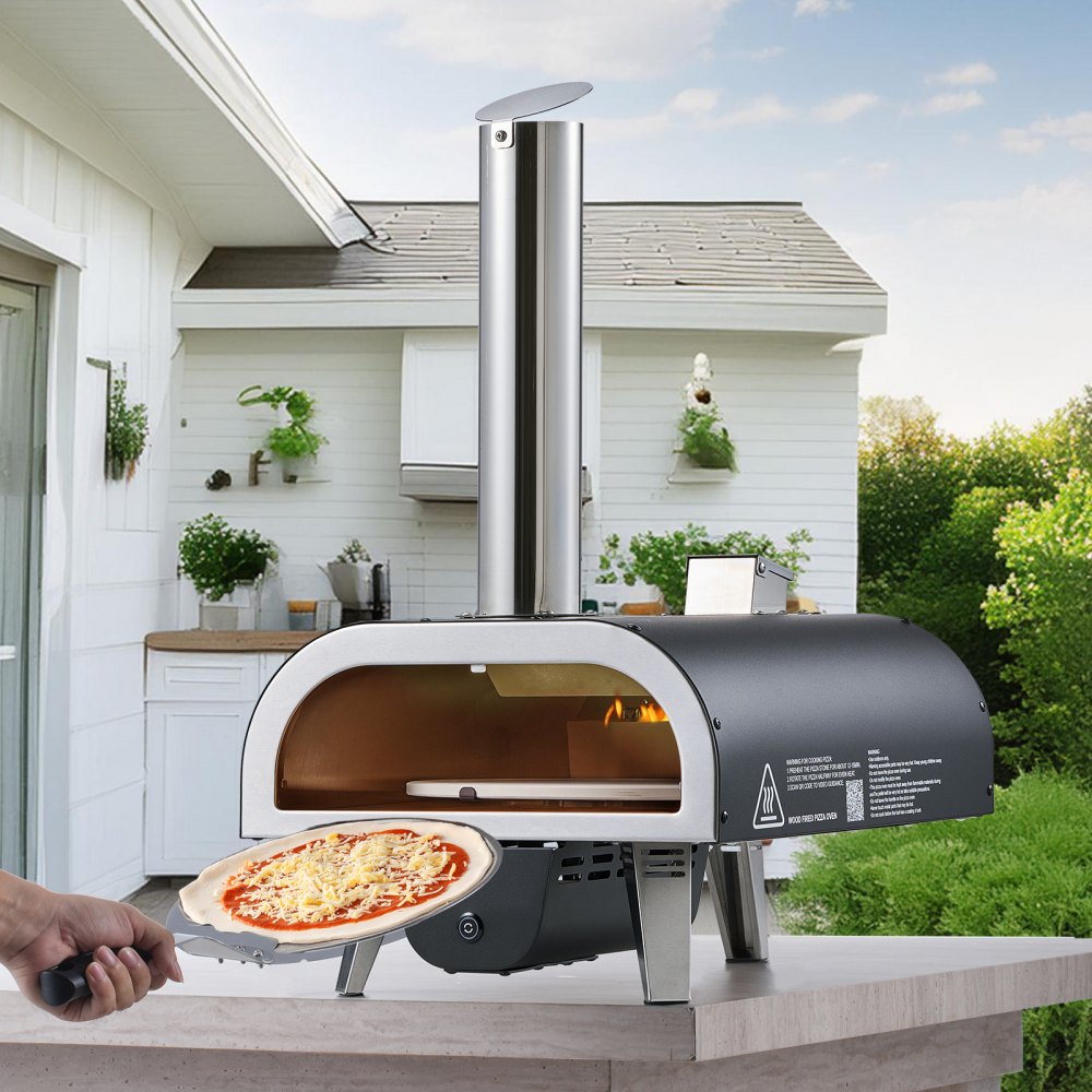 Horno de pizza de doble combustible VEVOR para exteriores, de 30 cm, de leña y gas propano, con termómetro y pulverizador de hierro, giratorio y eléctrico, ideal para acampar y patios.
