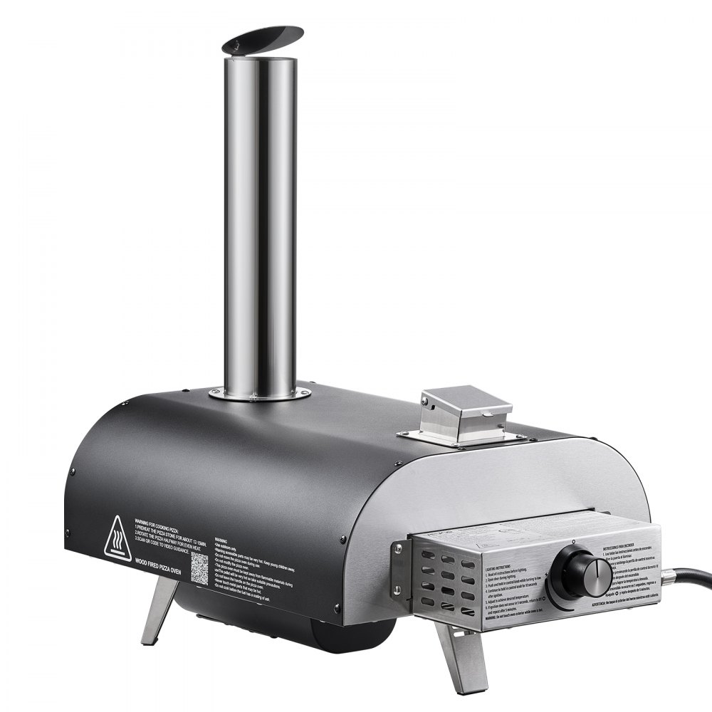 Horno de pizza de doble combustible VEVOR para exteriores, de 30 cm, de leña y gas propano, con termómetro y pulverizador de hierro, giratorio y eléctrico, ideal para acampar y patios.