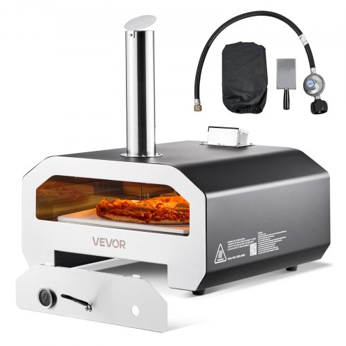 Horno de pizza VEVOR de doble combustible para exteriores, 40 cm (16 pulgadas), funciona con leña y gas propano. Horno portátil para hacer pizzas con pellets y propano, con termómetro y carcasa negra con acabado en pintura metalizada. Ideal para acampar y cocinar al aire libre.