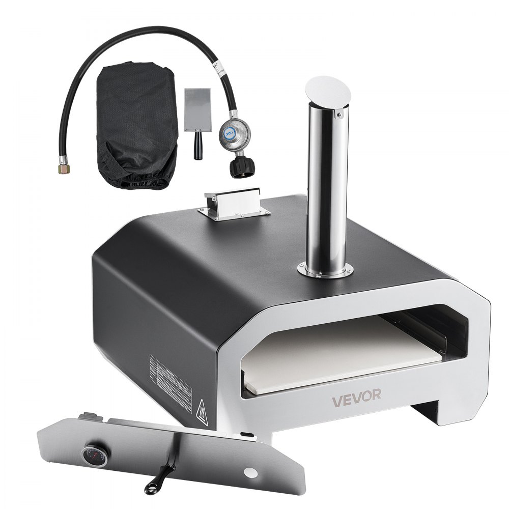 Horno de pizza VEVOR de doble combustible para exteriores, 40 cm (16 pulgadas), funciona con leña y gas propano. Horno portátil para hacer pizzas con pellets y propano, con termómetro y carcasa negra con acabado en pintura metalizada. Ideal para acampar y cocinar al aire libre.