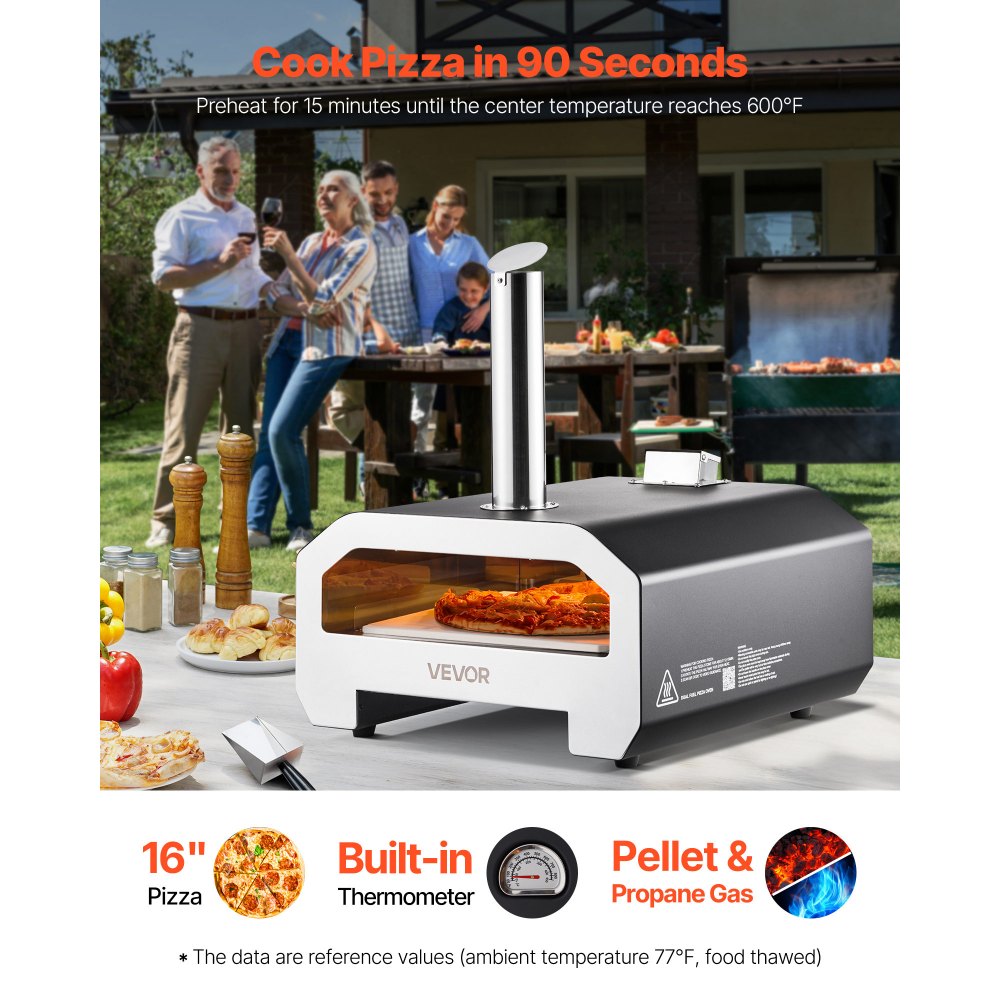 Horno de pizza VEVOR de doble combustible para exteriores, 40 cm (16 pulgadas), funciona con leña y gas propano. Horno portátil para hacer pizzas con pellets y propano, con termómetro y carcasa negra con acabado en pintura metalizada. Ideal para acampar y cocinar al aire libre.
