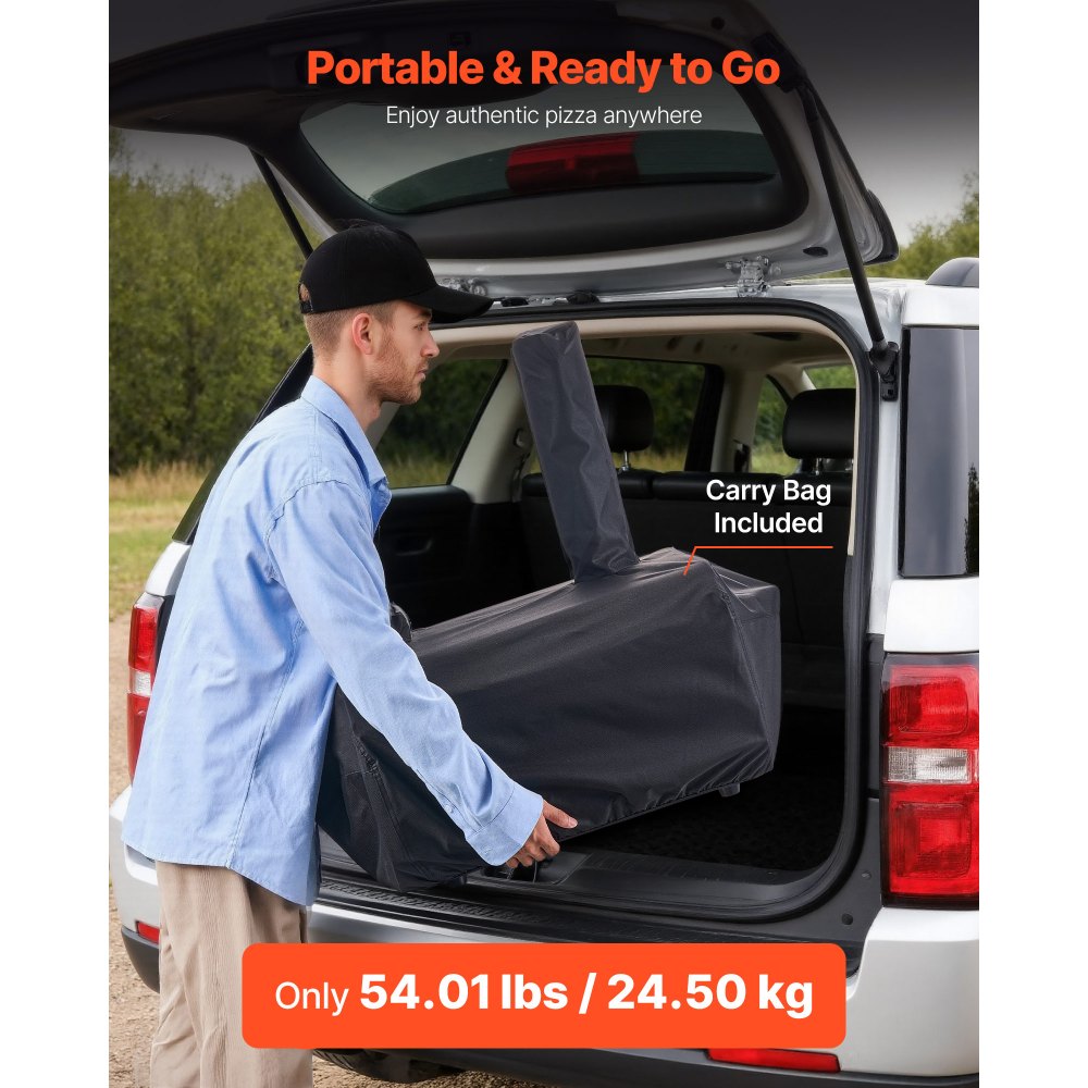 Horno de pizza VEVOR de doble combustible para exteriores, 40 cm (16 pulgadas), funciona con leña y gas propano. Horno portátil para hacer pizzas con pellets y propano, con termómetro y carcasa negra con acabado en pintura metalizada. Ideal para acampar y cocinar al aire libre.