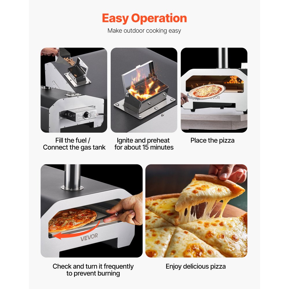 Horno de pizza VEVOR de doble combustible para exteriores, 40 cm (16 pulgadas), funciona con leña y gas propano. Horno portátil para hacer pizzas con pellets y propano, con termómetro y carcasa negra con acabado en pintura metalizada. Ideal para acampar y cocinar al aire libre.