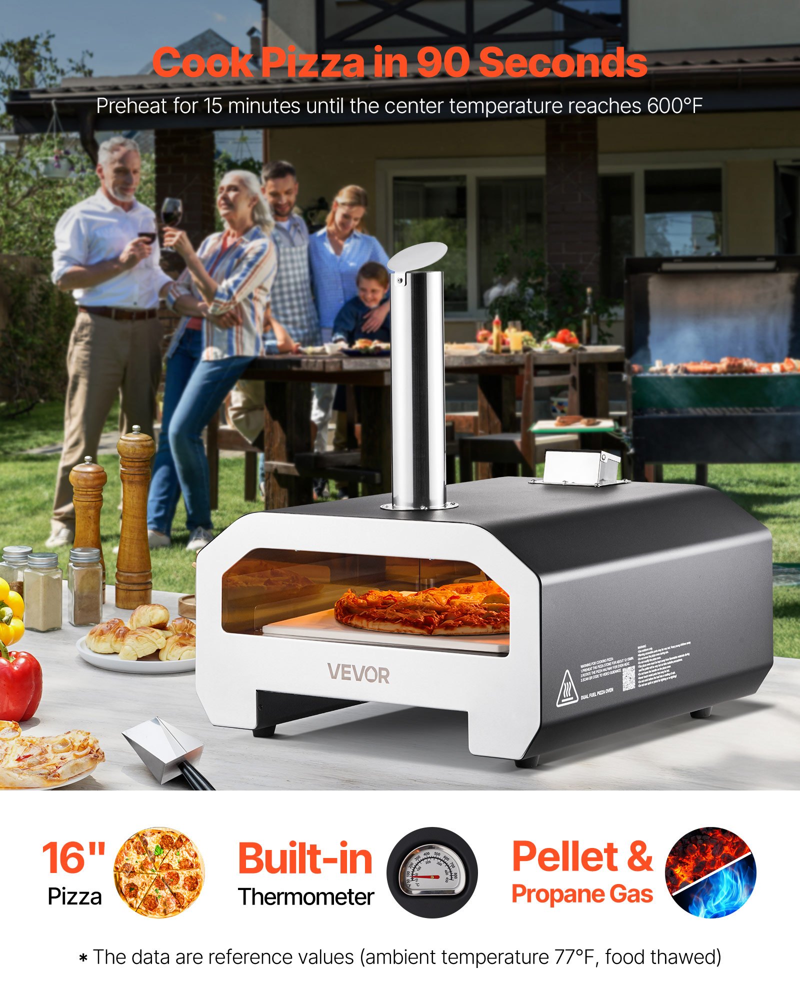 Horno de pizza VEVOR de doble combustible para exteriores, 40 cm (16 pulgadas), funciona con leña y gas propano. Horno portátil para hacer pizzas con pellets y propano, con termómetro y carcasa negra con acabado en pintura metalizada. Ideal para acampar y cocinar al aire libre.