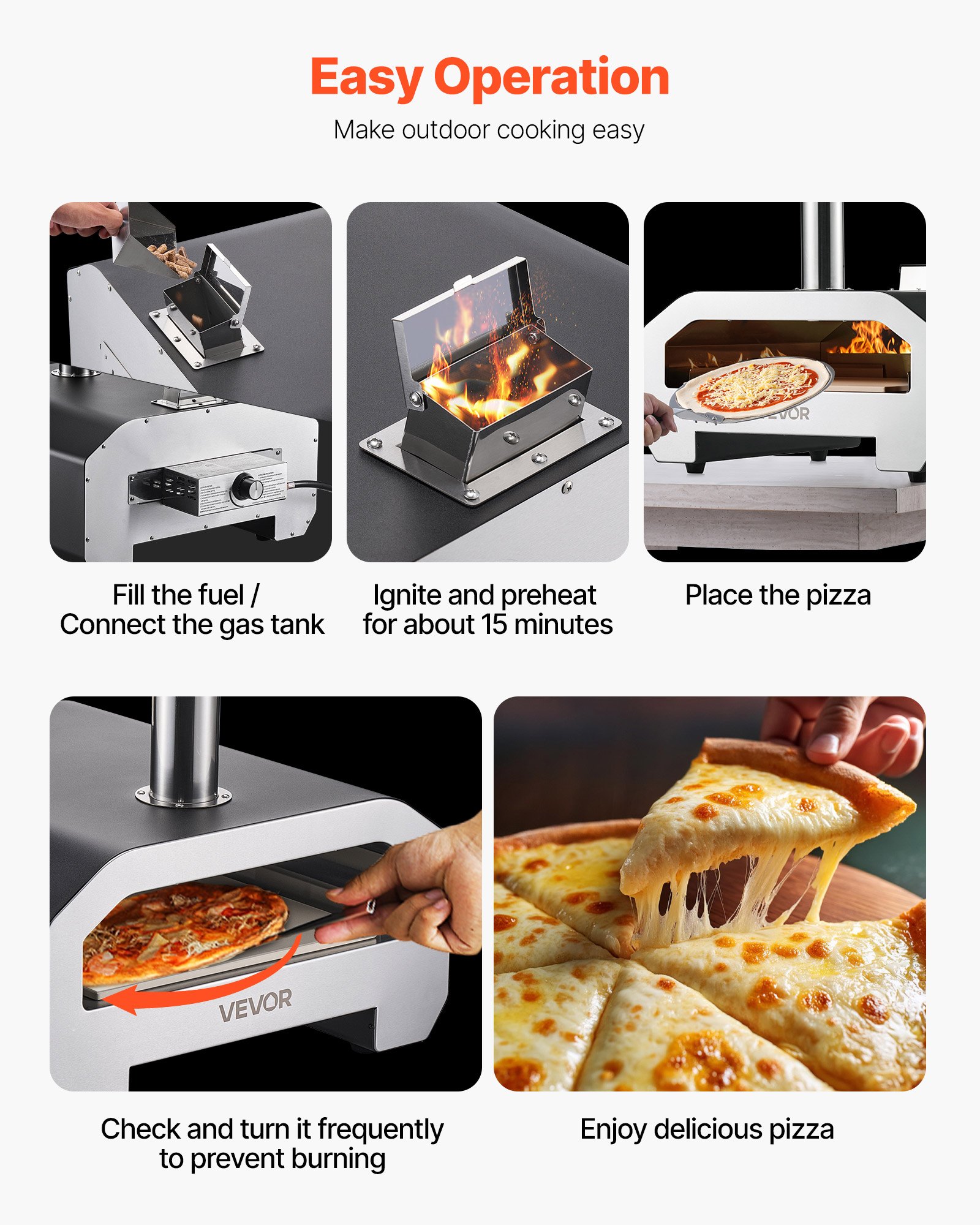 Horno de pizza VEVOR de doble combustible para exteriores, 40 cm (16 pulgadas), funciona con leña y gas propano. Horno portátil para hacer pizzas con pellets y propano, con termómetro y carcasa negra con acabado en pintura metalizada. Ideal para acampar y cocinar al aire libre.