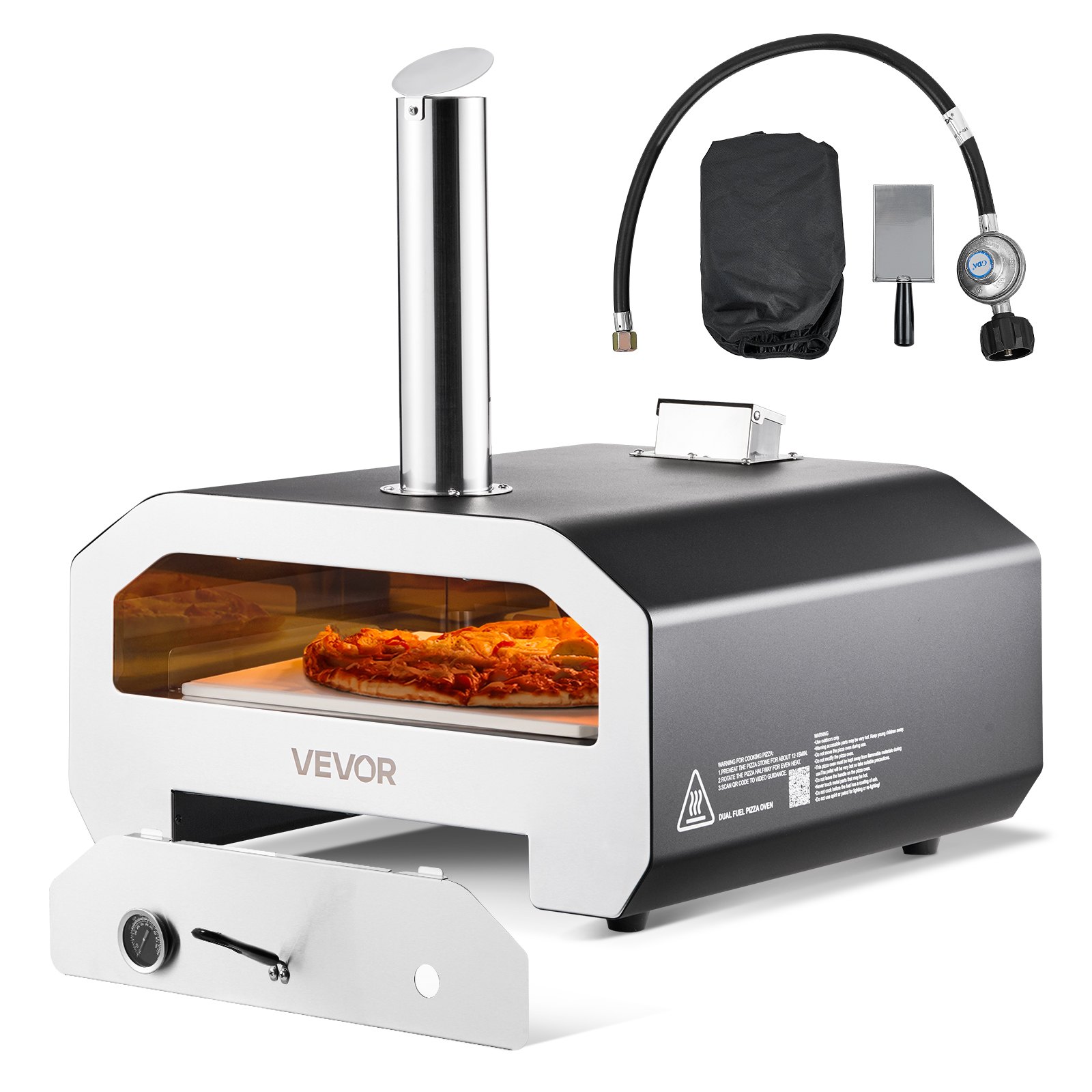 Horno de pizza VEVOR de doble combustible para exteriores, 40 cm (16 pulgadas), funciona con leña y gas propano. Horno portátil para hacer pizzas con pellets y propano, con termómetro y carcasa negra con acabado en pintura metalizada. Ideal para acampar y cocinar al aire libre.