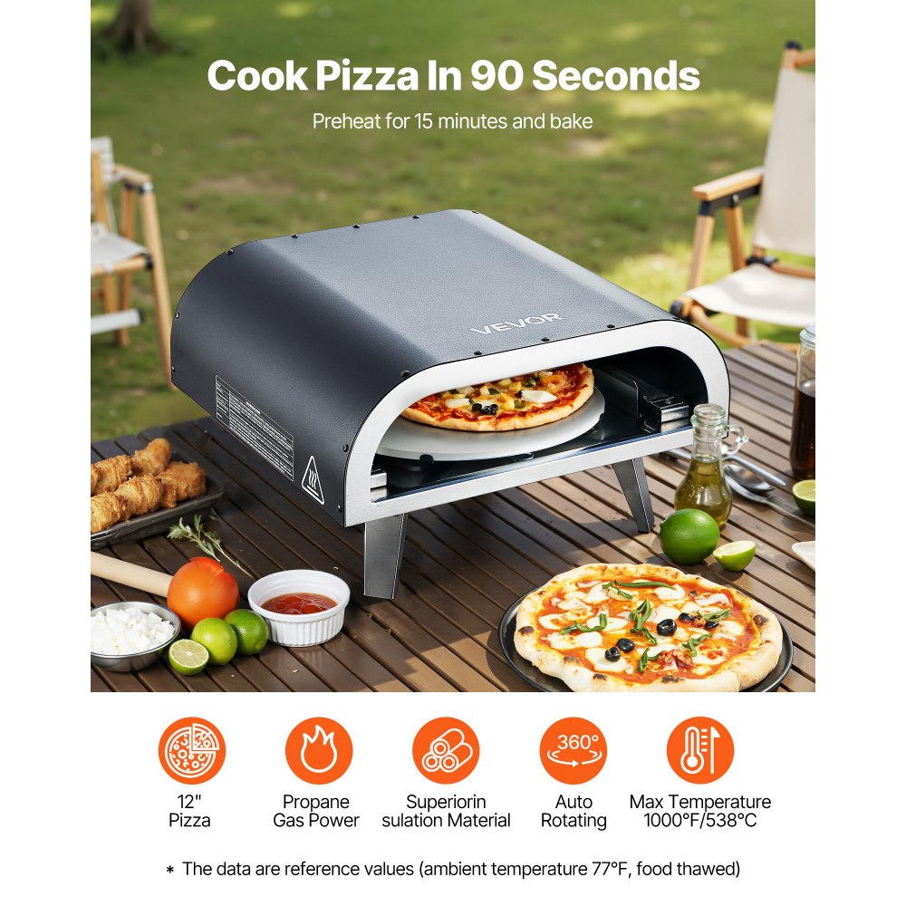 Horno de pizza exterior VEVOR, 30 cm, a gas propano, portátil, con rotación eléctrica, piedra para pizza gruesa, bolsa de transporte, ideal para patio, jardín, camping, color negro.