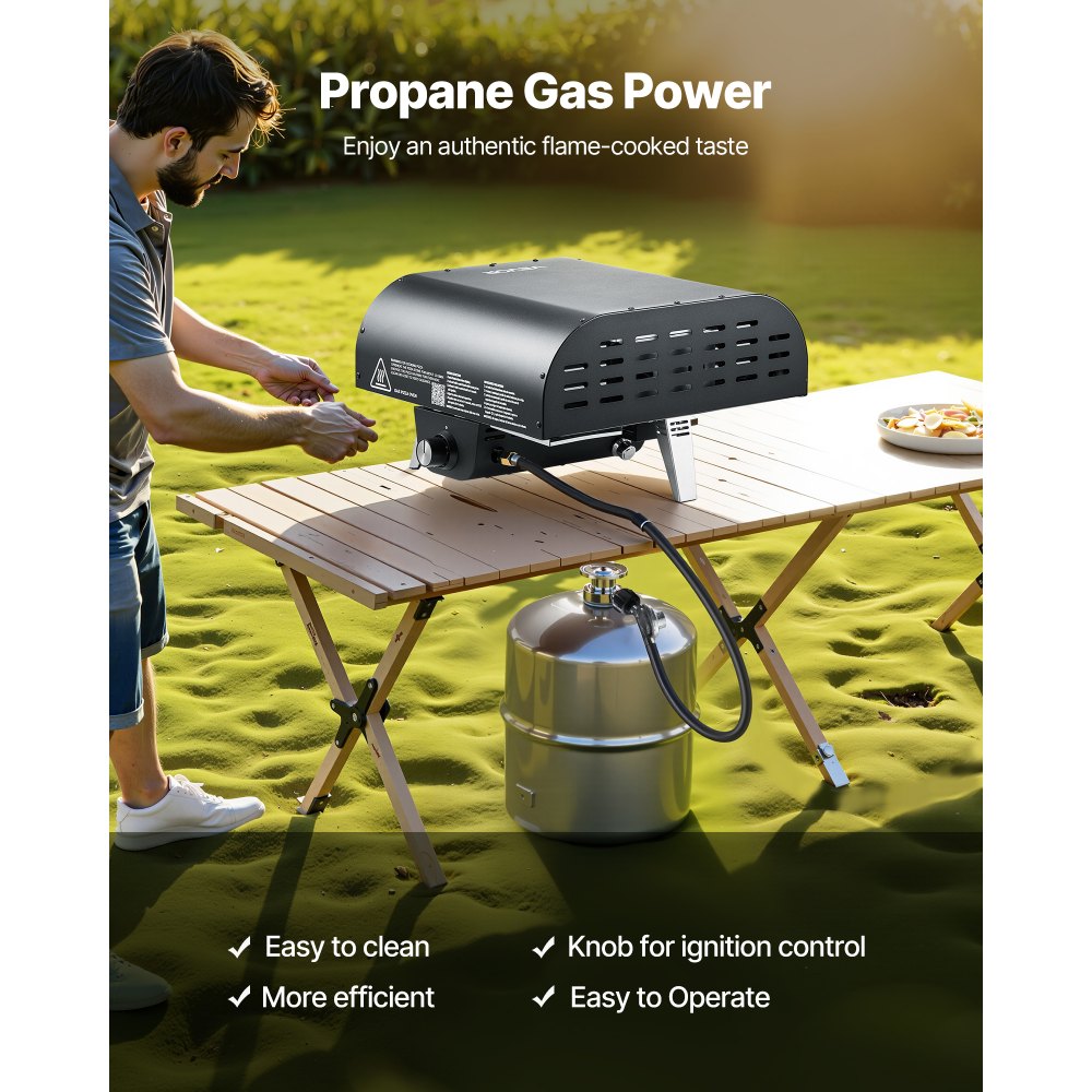 Horno de pizza exterior VEVOR, 30 cm, a gas propano, portátil, con rotación eléctrica, piedra para pizza gruesa, bolsa de transporte, ideal para patio, jardín, camping, color negro.