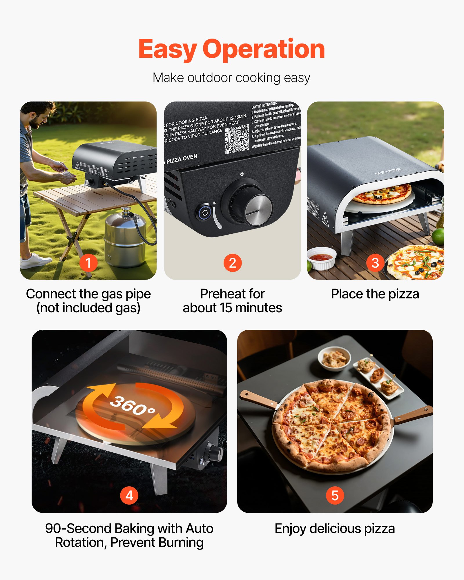 Horno de pizza exterior VEVOR, 30 cm, a gas propano, portátil, con rotación eléctrica, piedra para pizza gruesa, bolsa de transporte, ideal para patio, jardín, camping, color negro.
