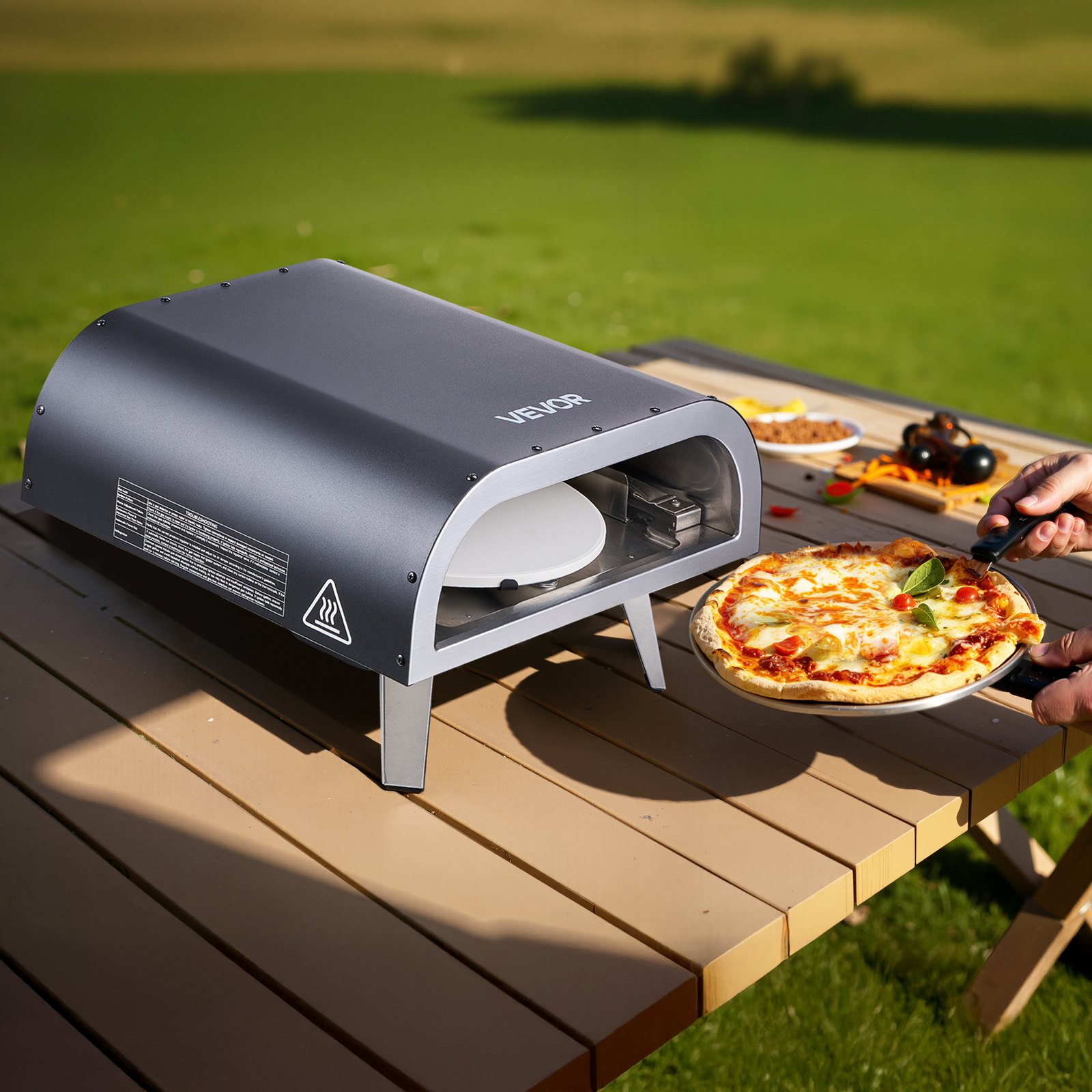 Horno de pizza exterior VEVOR, 30 cm, a gas propano, portátil, con rotación eléctrica, piedra para pizza gruesa, bolsa de transporte, ideal para patio, jardín, camping, color negro.