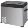 Refrigerador VEVOR de 12 voltios en un elegante diseño gris con detalles y manijas en negro.