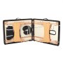 Mesa de masaje portátil VEVOR en estuche de transporte con estructura de madera y accesorios acolchados de color negro.