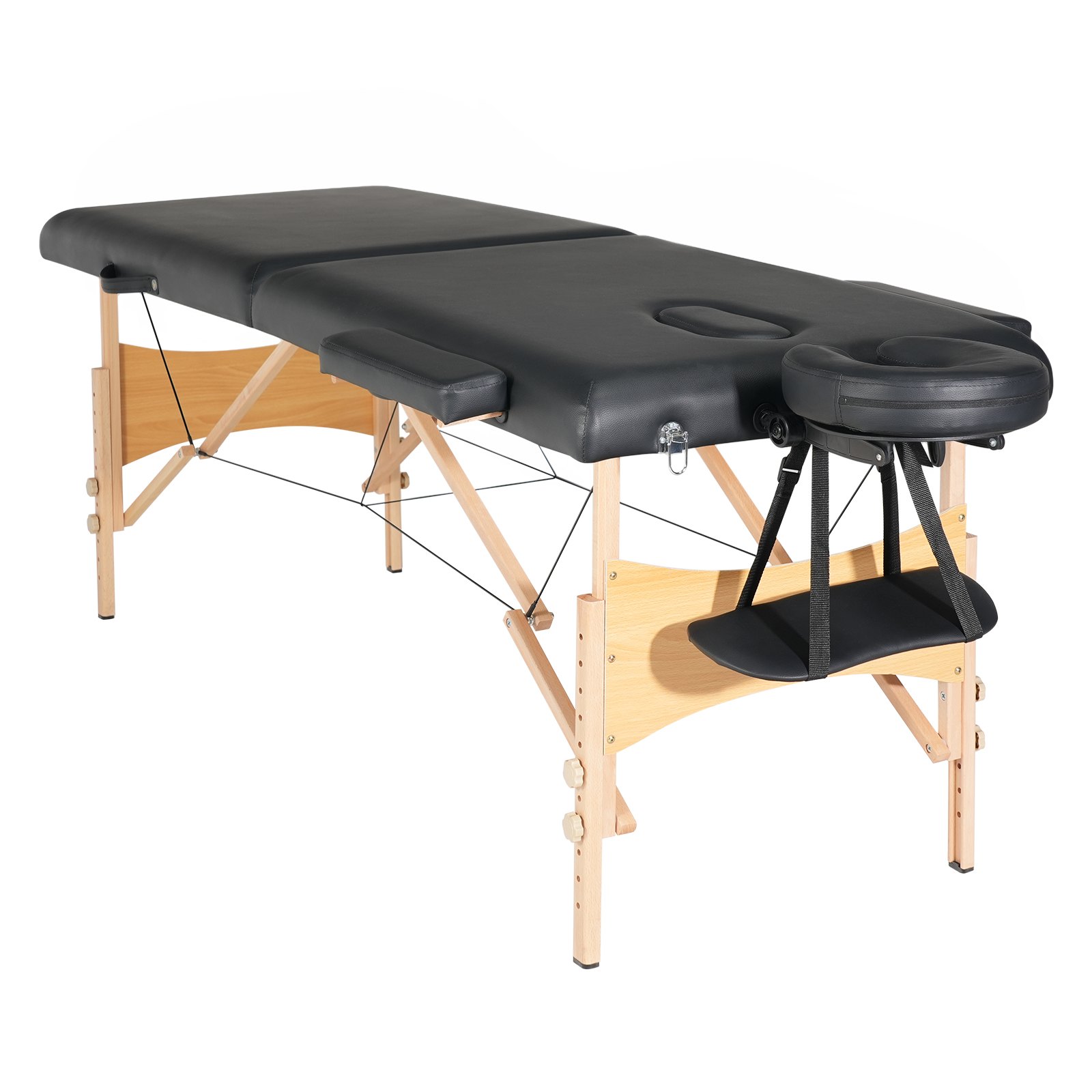 Mesa de masaje portátil VEVOR negra con patas de madera, reposacabezas ajustable y reposabrazos.