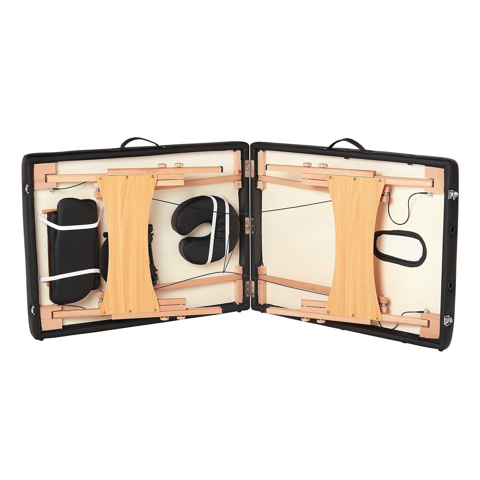 Mesa de masaje portátil VEVOR en estuche de transporte con estructura de madera y accesorios acolchados de color negro.