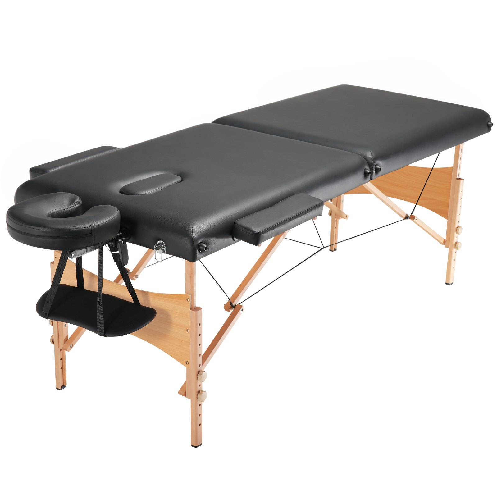 Mesa de masaje portátil VEVOR con superficie acolchada negra, reposacabezas ajustable y marco de madera natural.