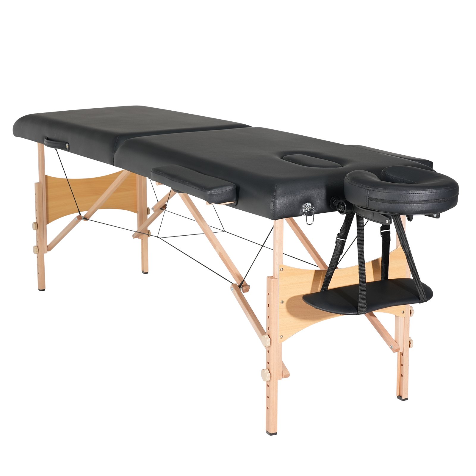 Camilla de masaje portátil VEVOR con acolchado negro y estructura de madera, con reposacabezas ajustable.